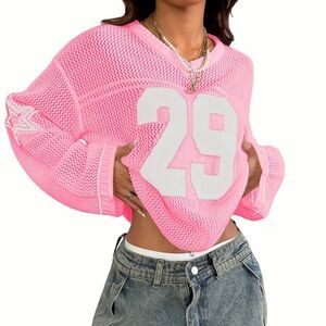 Pink  Women’s Y2K Oversized Crochet Jersey Graphic V-Neck Pullover Top Small